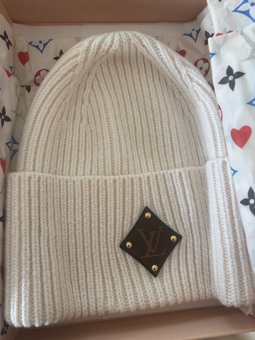 Louis Vuitton Cream Ribbed Wool Beanie with Monogram Patch - Picture 3 of 5